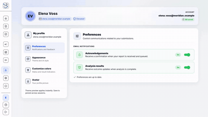 Profile: preferences, appearance, colours and avatar
