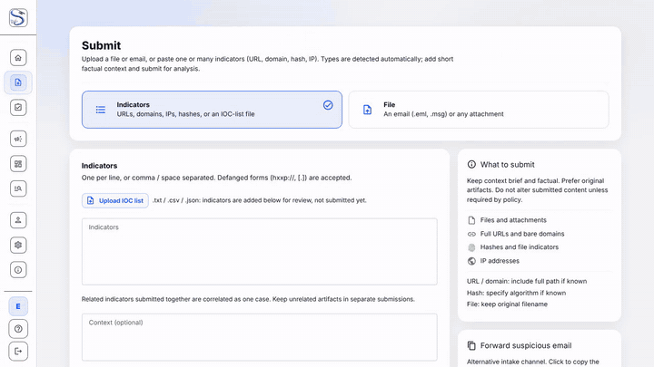 Submit page: switch between file and indicators, paste indicators, submit, and the case opens